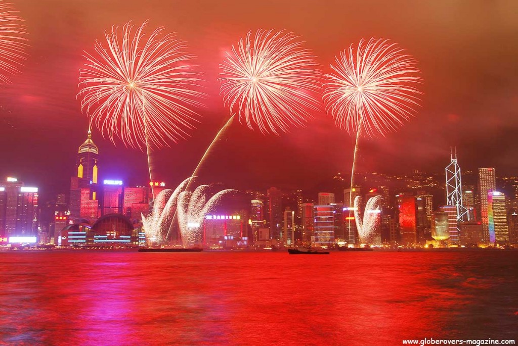 Fireworks over Hong Kong Island during the China handover on July 1, 1997
