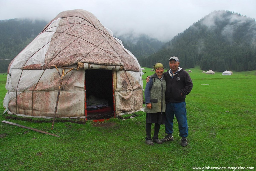 A yurt and its owners near Jeti-Oguz or Jeti-Ögüz, Kyrgyzstan. Rent the yurt for a few dollars per night. Three meals per day if you need it.