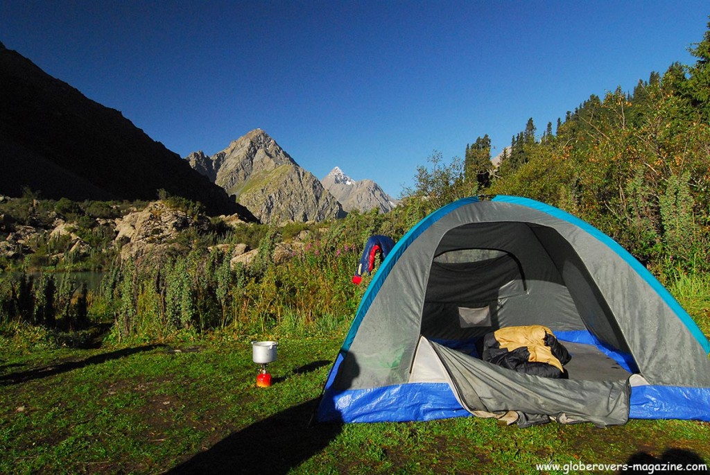Overnight in a tent while hiking from Karakul via Ala-Kul Lake (3,560 m) to Altyn Arashan, Kyrgyzstan