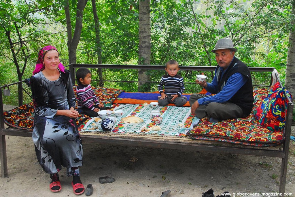 A Kyrgyz family at one of the many Homestays in Arslanbob village where you can have a nice room with dinner and breakfast for about $13. Lovely people indeed. Kyrgyzstan.