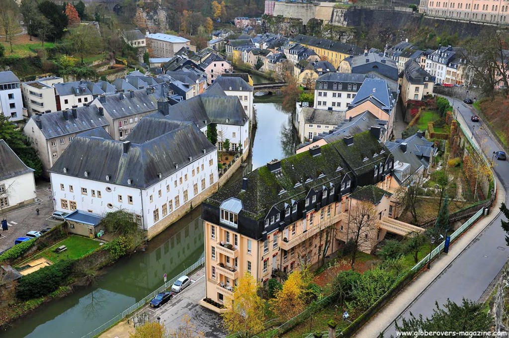 View from the Ville Haute ("High City") to the Ville Basse ("Low City") and the Grund in the River Alzette gorge, LUXEMBOURG