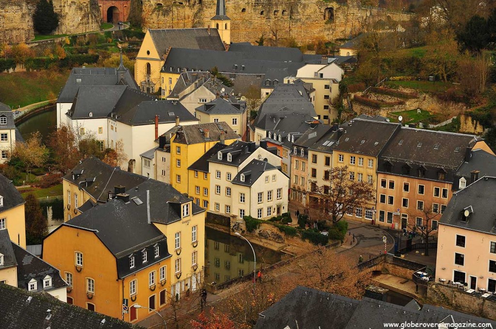 View from the Ville Haute ("High City") to the Ville Basse ("Low City") and the Grund in the River Alzette gorge, LUXEMBOURG