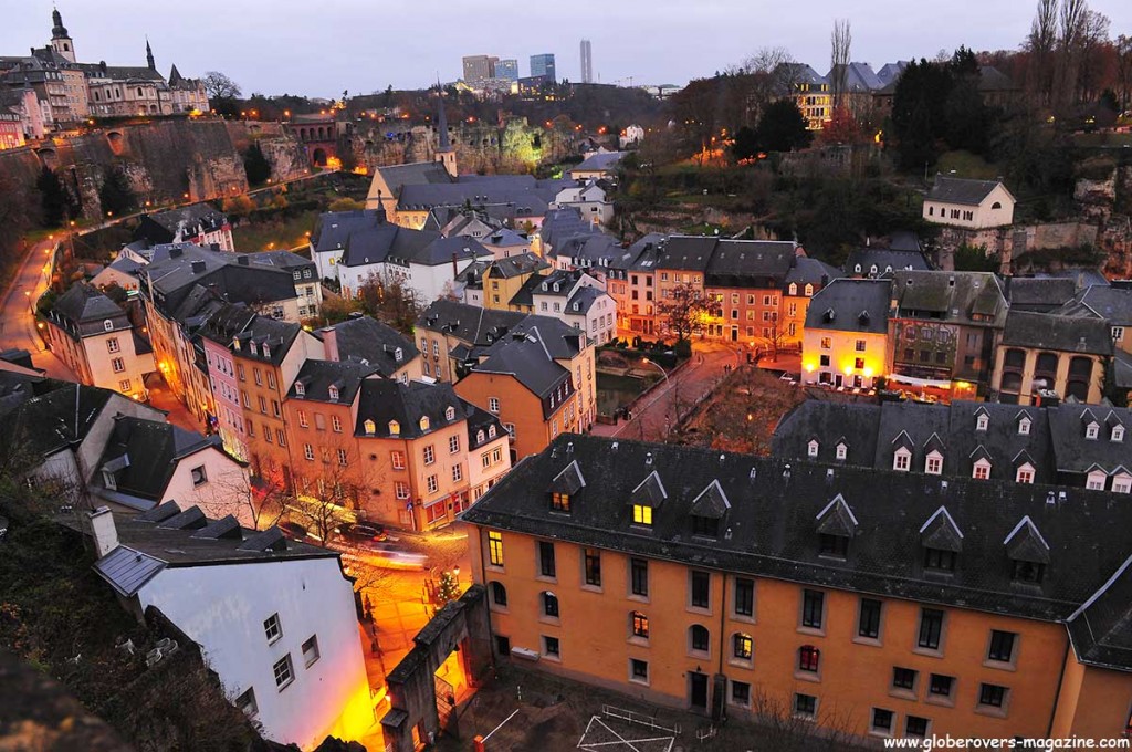 View from the Ville Haute ("High City") to the Ville Basse ("Low City") and the Grund in the River Alzette gorge, LUXEMBOURG