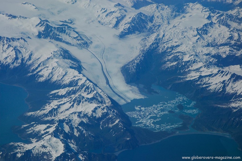 Bear Glacier as seen from air flying Seattle to Tokyo, Alaska, USA.