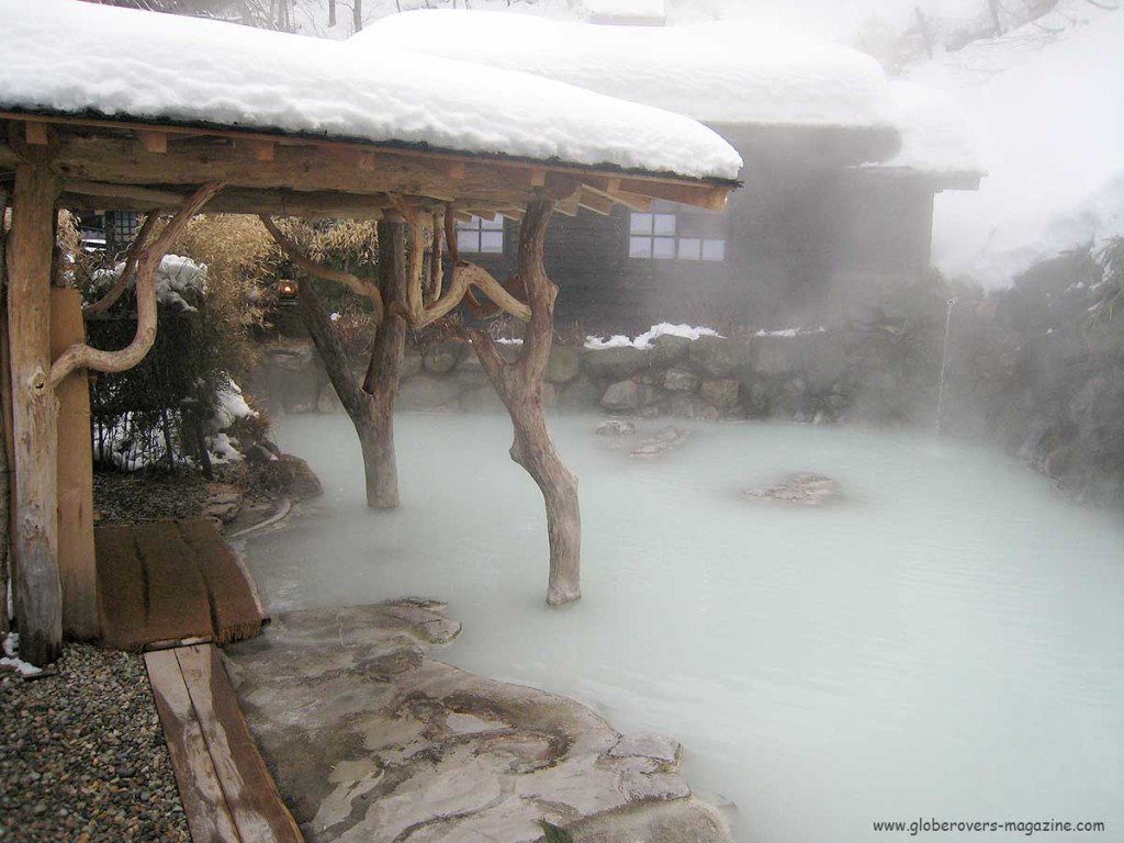 Rotenburo at Tsurunoyu Hotel in the Nyuto Onsen area of Tohoku, situated in the deep mountain area of Tazawa Kogen plateau, Akita prefecture.