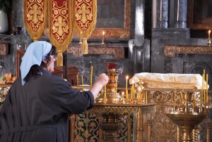 Praying at Refectory Church (of St. Anthony and Feodosiy), Monastery of the Caves (Kiev Pechersk Lavra), Kiev, Ukraine