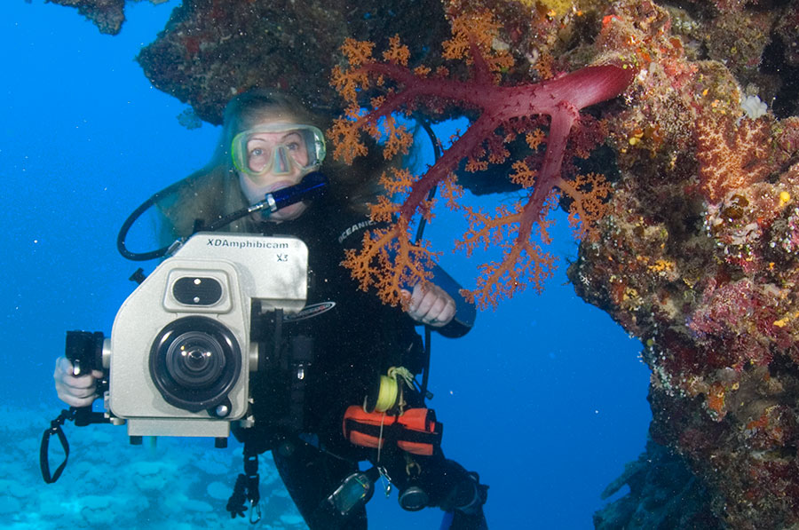 Underwater photographer Georgienne Bradley in action, Cocos Island